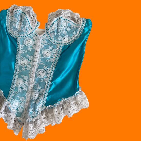80's 90's blue and white satin lace corset bustier Size 34 - Picture 2 of 10